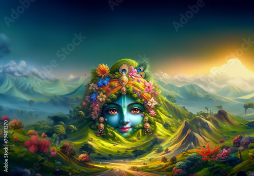 Beautiful View of Govardhan Mountain Forest Landscape 4k Ultrawide Wallpaper Illustration, Govardhan Hill in form of Krishna.
