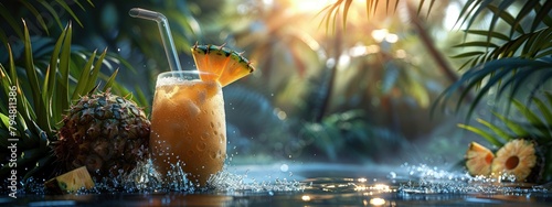 Pineapple coconut water, tropical paradise, with a straw. Hyperdetailed. Photorealistic. HD. super detailed photo