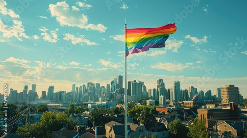A pride flag flying high in a city skyline, symbolizing inclusivity. 