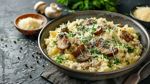 Elegant top view of a Mozzarella and Mushroom Risotto, garnished with grated Parmesan, perfect studio lighting on a clean background