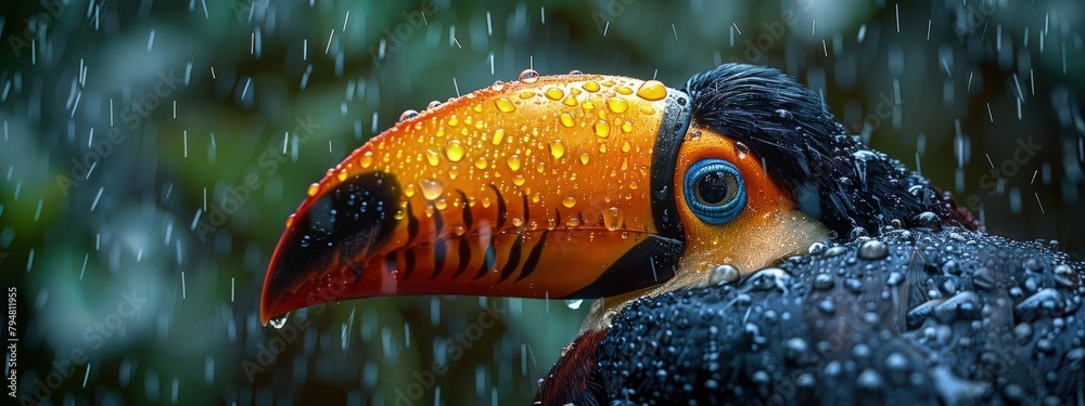 Fototapeta premium Toucan in a tropical storm, vivid beak, raindrops visible. Hyperdetailed. Photorealistic. HD. super detailed