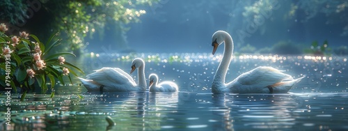 Swan family on a tranquil lake, elegance, peacefulness. Hyperdetailed. Photorealistic. HD. super detailed