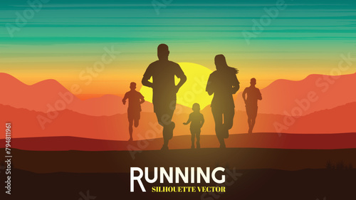 Running silhouettes. Vector illustration, Trail Running, Marathon runner.	
