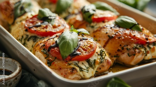 Elegant presentation of Caprese Stuffed Chicken  filled with garden-fresh basil  tomato  and cheese  baked golden  balsamic accent  clean isolated setup