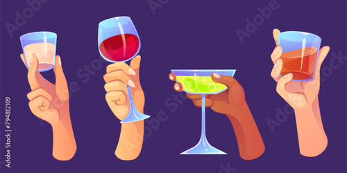 Glasses with alcohol cocktails in human hands. Male and female arms holding glassware with shot and long drinks for party and celebration concept. Cartoon vector illustration set of festive beverage.