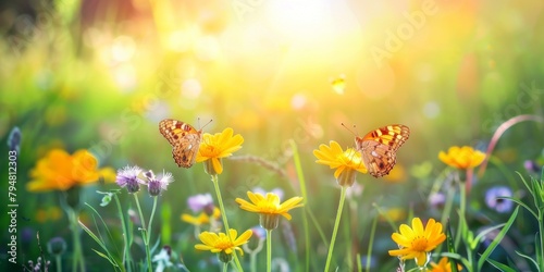 Butterflies and yellow wildflowers basking in the sunlight