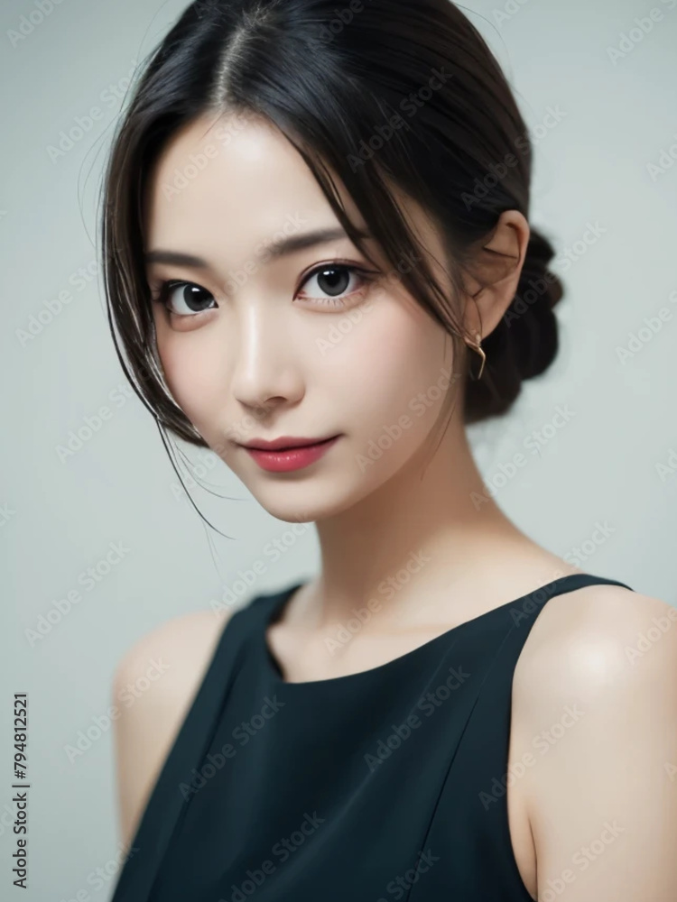 Japanese woman with long hair wearing a black dress and making a cute face. Generative AI Japanese woman with long hair wearing a black dress and making a cute face. Generative AI