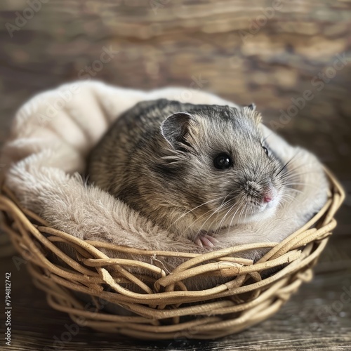A single hamster with a glossy grey coat, resting on a tiny velvet pillow inside a small, decorative basket. --stylize 50 Job ID: 554d9948-7037-4527-9b84-80c3e523d7ca