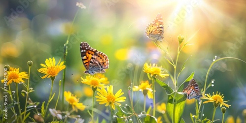 Butterflies and yellow wildflowers basking in the sunlight