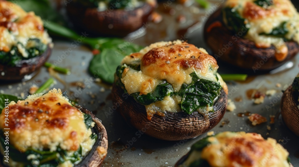Detail-rich image of cheesy spinach-stuffed mushrooms, shot in studio with focused lighting, set against a neutral background, raw style Detail-rich image of cheesy spinach-stuffed mushrooms, shot in studio with focused lighting, set against a neutral background, raw style