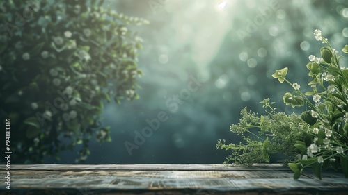 Wooden surface with lush greenery backdrop under soft lighting