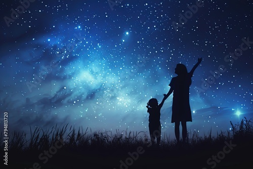 a silhouette of a mother and child against a night sky filled with stars photo
