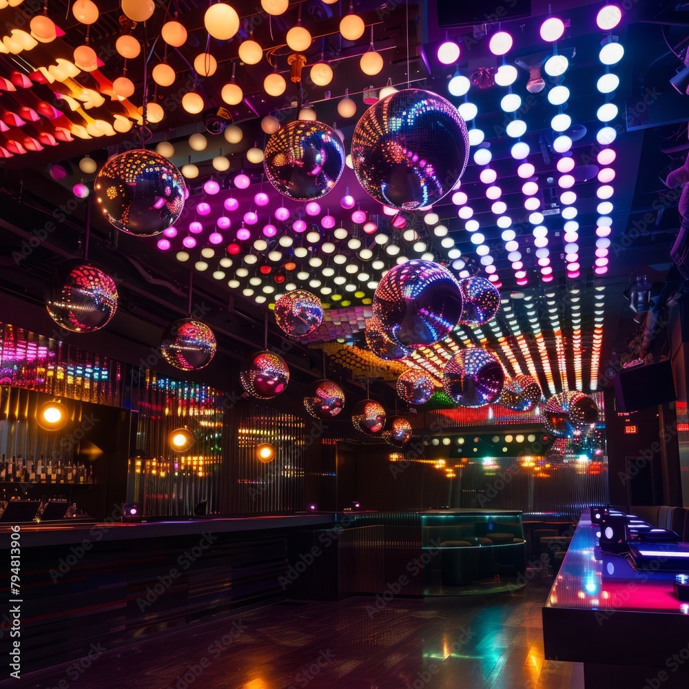 A neon-lit club with a disco ball hanging from the ceiling
