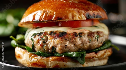 Delectable turkey burger close-up, filled with mozzarella and spinach, professionally lit in studio, showcasing culinary details, isolated background