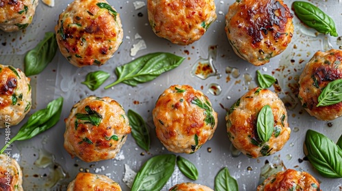 Culinary studio shot, top view of chicken meatballs enriched with mozzarella and spinach, perfectly baked, on a minimalistic background