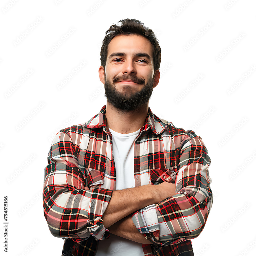 Satisfied young man with crossed arms gesture on isolated transparent background