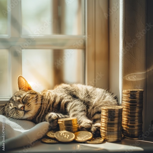 A tranquil image of gold coins stacked by a sleeping cat on a sunny windowsill, blending themes of comfort and wealth. --stylize 50 Job ID: ba3c1360-23be-439c-b8ff-ea31b2fd4410
