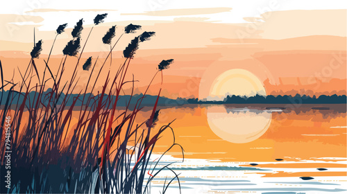 Reeds on the shore of the lake at sunset. Beautiful