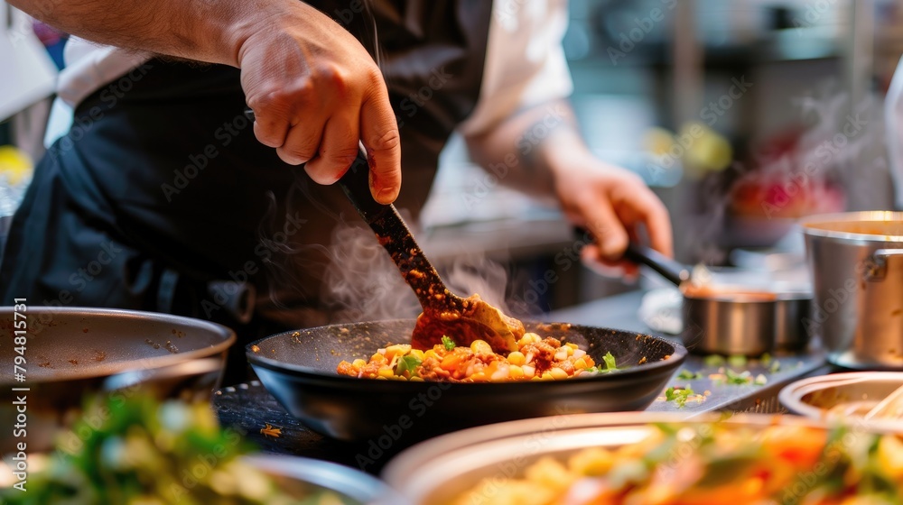 An action shot of a chef preparing Mexican dishes like enchiladas for a Cinco de Mayo party. An action shot of a chef preparing Mexican dishes like enchiladas for a Cinco de Mayo party.