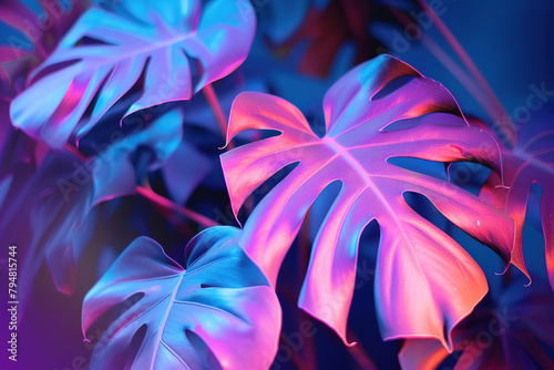 tropical leaves in neon Light, minimalism with empty copy space