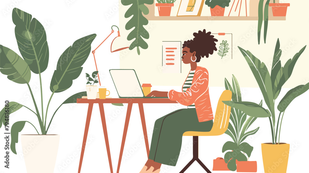 Remote work from cozy home office. Woman working online