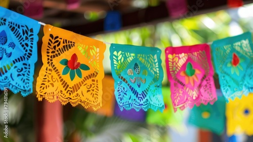 A festive Cinco de Mayo banner with colorful papel picado decorations in the background.