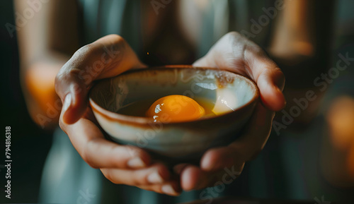 Hands with egg yolk. Hands holding egg yolk in bowl. photo