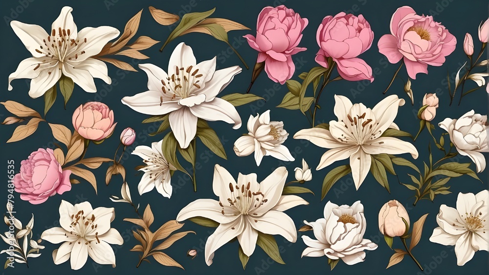 lilies. blossoms. For a wedding invitation, greeting card, or poster, use these vector floral drawings of buds, leaves, frames, borders, seamless patterns, and peonies.
