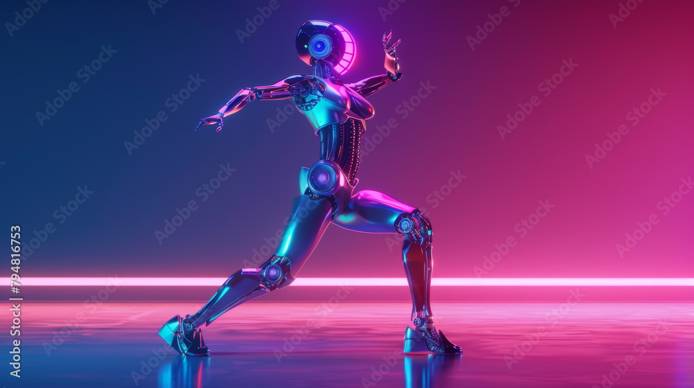 female android, robotic armor feminine body, photorealistic, delicate body, studio lighting, neon colors, colorful, dancing, cyberpunk background