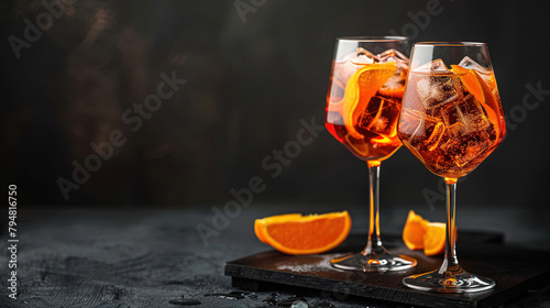 Aperol spritz cocktail glasses with orange slices and ice cubes on dark background, with empty copy space