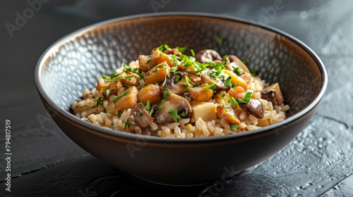Artistic studio capture of Mozzarella and Mushroom Risotto, detailed textures highlighted by studio lighting, against an isolated, stark background