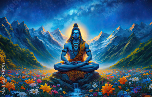 illustration of Hindu god lord shiva doing meditation, View of Himalayas mountains