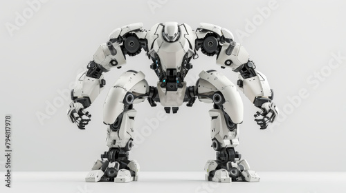 A humanoid combat robot. It has damage after the battle. It has a concise and minimalistic appearance  a streamlined body and movable limbs