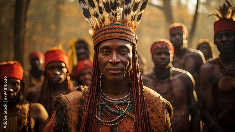 A man wearing a colorful headdress stands confidently in front of a diverse group of people