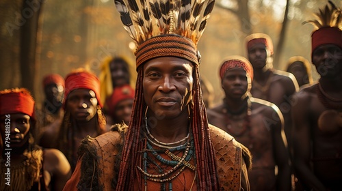 A man wearing a colorful headdress stands confidently in front of a diverse group of people
