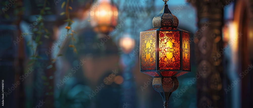 a wallpaper with a Arabic lantern with empty copy space