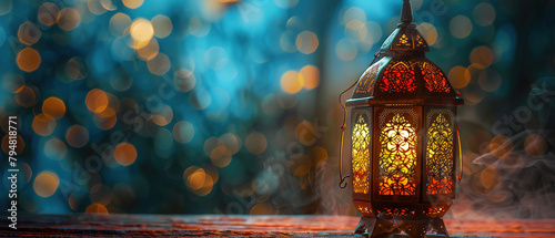 a wallpaper with a Arabic lantern with empty copy space