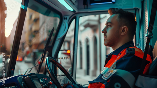 copy space, stockphoto, sideview of an ambulance, ambulance driver sitting in in the drivers seat of an ambulance. Health care theme, ambulance at an accident site, providing first aid.