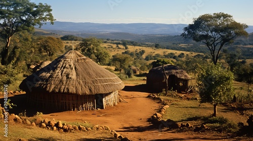 A rustic dirt road winds through the countryside, leading to a charming hut with a thatched roof