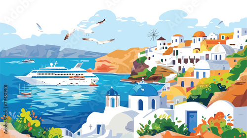 Santorini island Greece. Cruise ship near the coast.