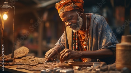 A skilled man in a turban delicately carving a piece of wood photo