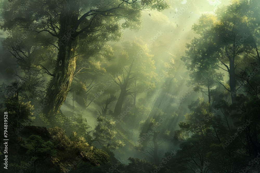 Obraz premium Dense mist covered the towering trees.