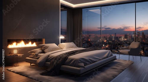 A luxurious master bedroom with a king-size bed, a fireplace, and a private balcony overlooking a breathtaking cityscape.