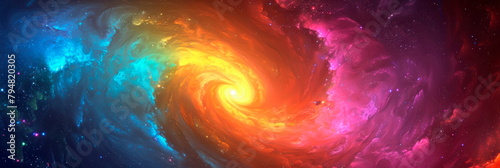 A tie-dye effect applied to a galactic spiral, featuring swirls of rainbow colors merging into the depths of space.