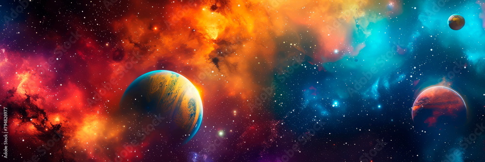 A vibrant space background, with planets, stars and interstellar clouds merging into a vibrant watercolor background.