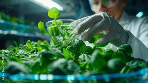 Scientists conducting experiments on spinach cultivation with innovative technology in a hi-tech greenhouse facility, pioneering new methods.