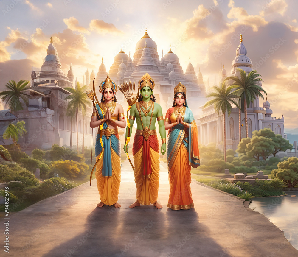 Obraz premium Shri Ram Navami Happy Dussehra, religious festival of India background, Lord Ram Laxma Sita in Ayodhya, Happy Diwali