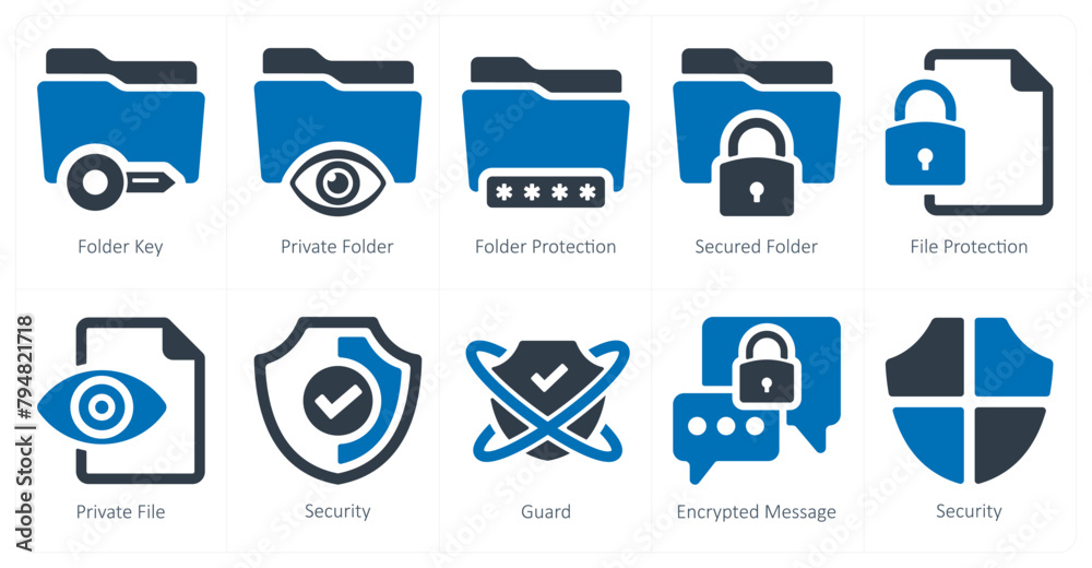 A set of 10 Security icons as folder key, private folder, folder A set of 10 Security icons as folder key, private folder, folder