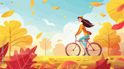 Girl riding bike in the park in autumn. Landing page