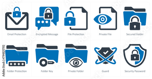 A set of 10 Security icons as email protection, encrypted message, file protection